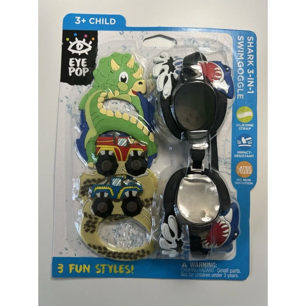 EyePop Shark 3-in-1 Swim‎ Goggle Set for Children, Multi-Color, Unisex.